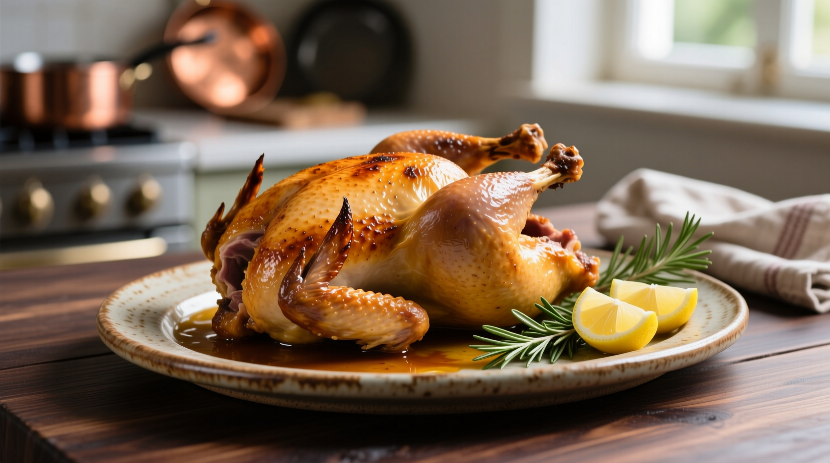 Perfectly roasted golden-brown Cornish hen on platter