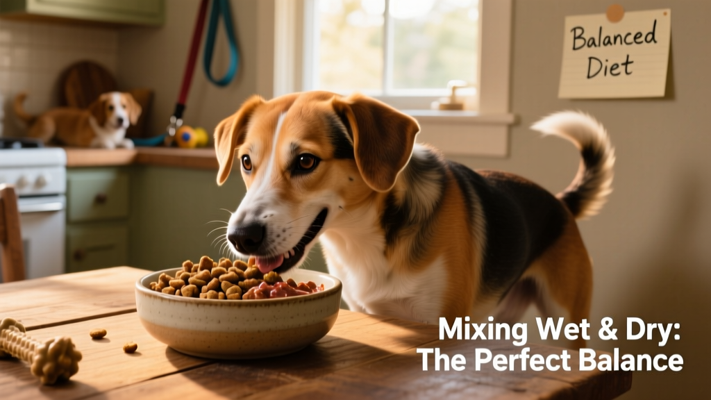 A happy dog eating from a bowl containing both kibble and wet food