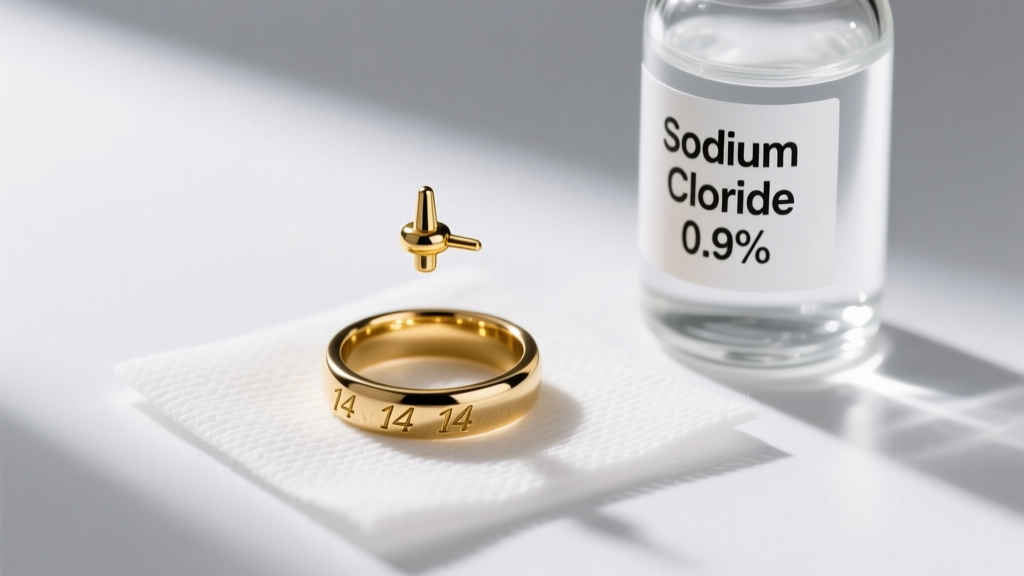 Macro shot of a 14-gauge gold septum clicker ring resting on sterile gauze beside a bottle of 0.9 percent sodium chloride wound wash.