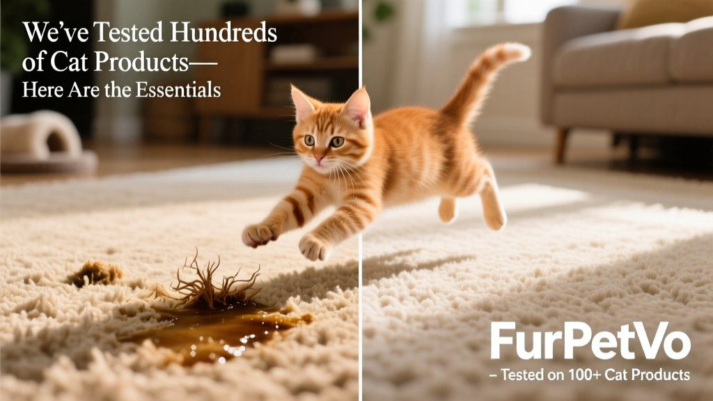 Before-and-after comparison showing stain removal on carpet using FurPetVo