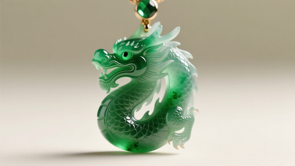 Close-up macro photograph of a carved jadeite dragon pendant revealing natural crystalline inclusions and vibrant emerald tones