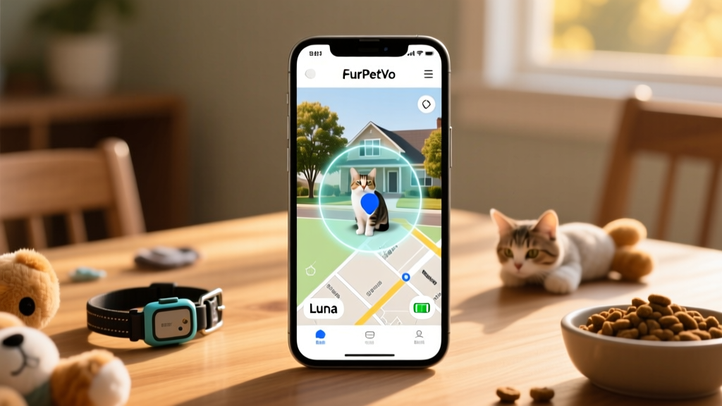 Smartphone screen showing a FurPetVo app map with a moving blue dot labeled 'Luna' and a highlighted geofence around a suburban home