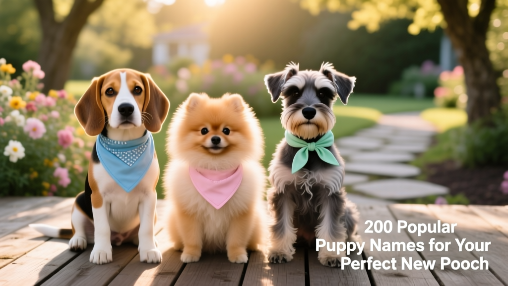 A diverse group of puppies — a Beagle, a Pomeranian, and a Miniature Schnauzer — sitting side-by-side on a wooden deck, each wearing a small bandana