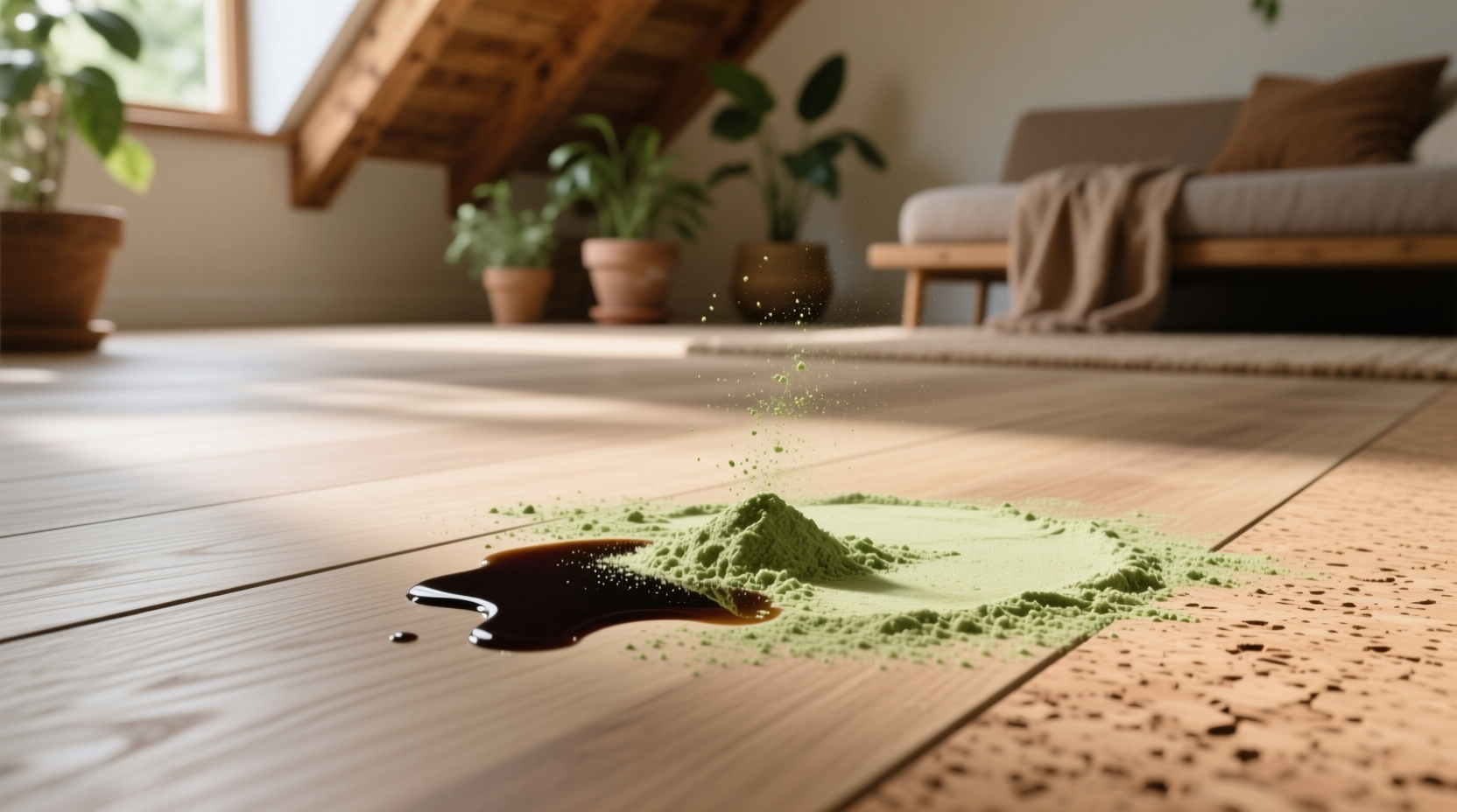 eco friendly cork floor cleaning with barley grass powder