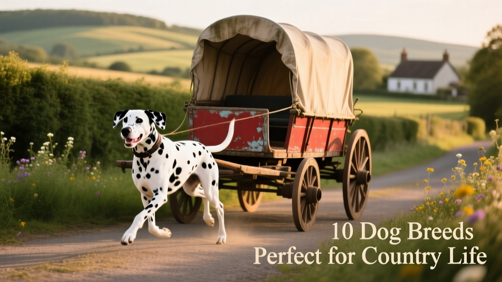 Dalmatian trotting alongside a vintage-style horse-drawn cart on a country lane