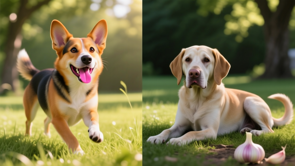 Side-by-side photos: a healthy dog with pink gums and a lethargic dog with pale gums