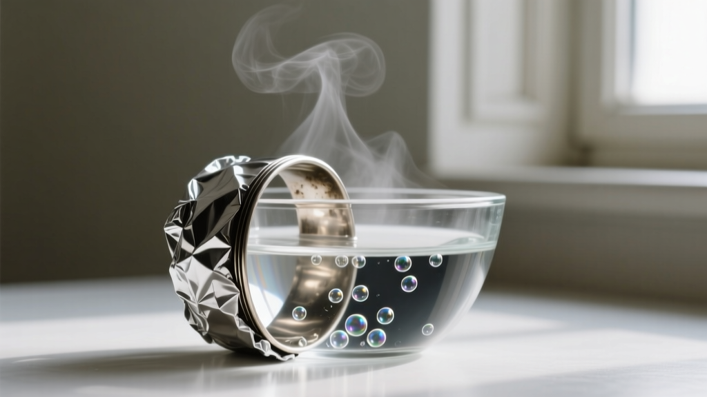Glass bowl with foil and hot water submerging a tarnished silver cuff, showing small chemical bubbles on the dark metal surface.