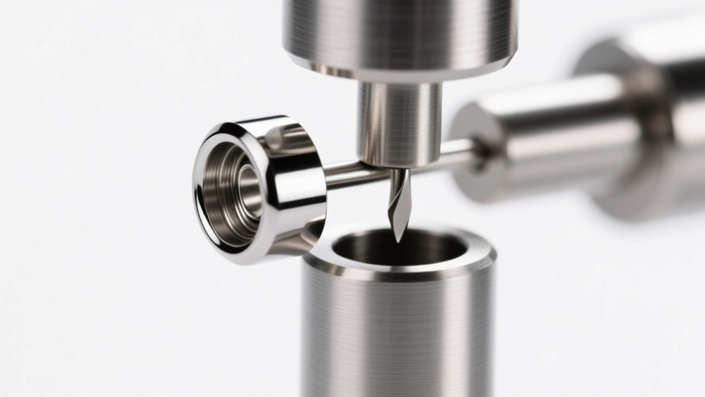 Polished ASTM F136 titanium threadless earring end being inserted into a hollow post, captured under bright studio lighting.