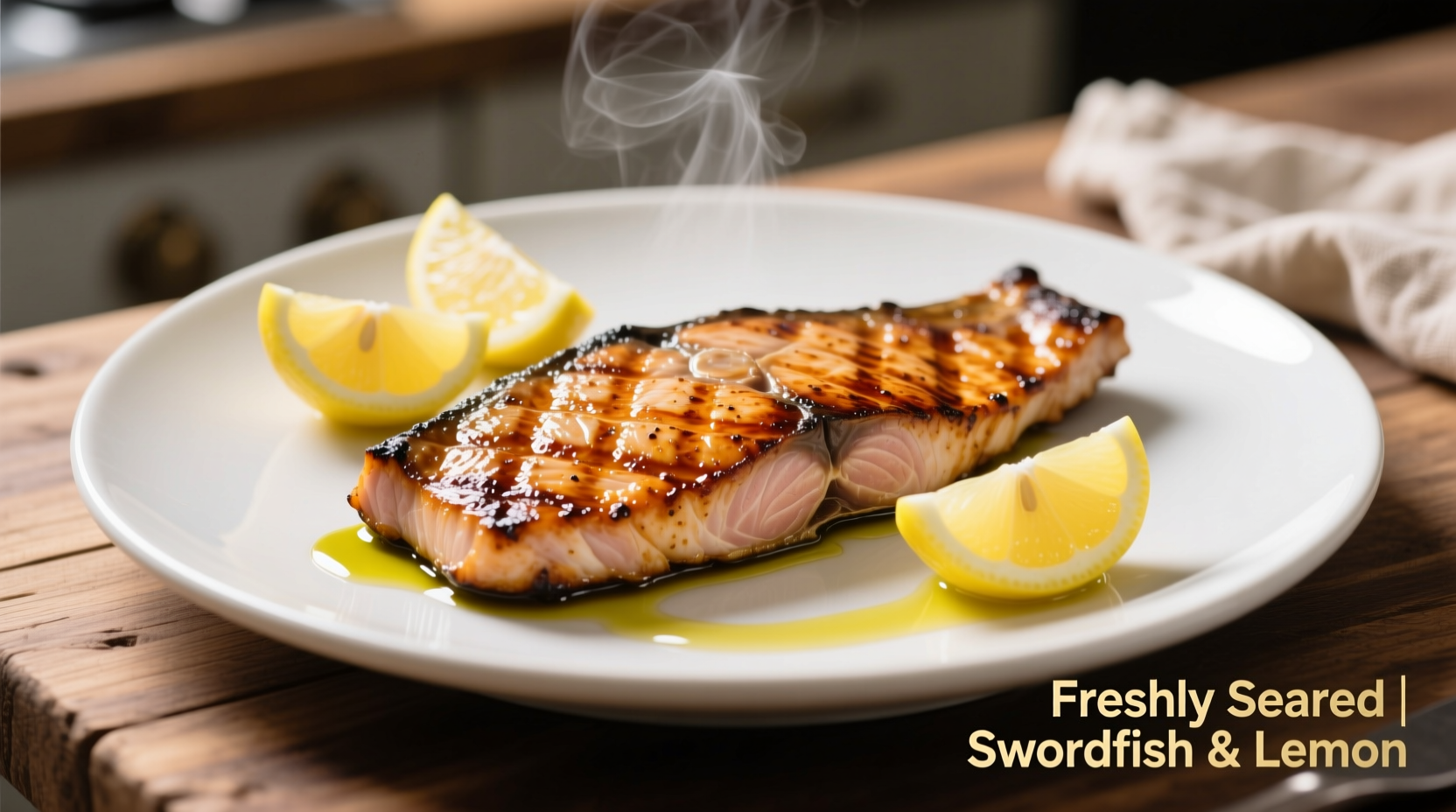 Perfectly seared swordfish steak with lemon wedges