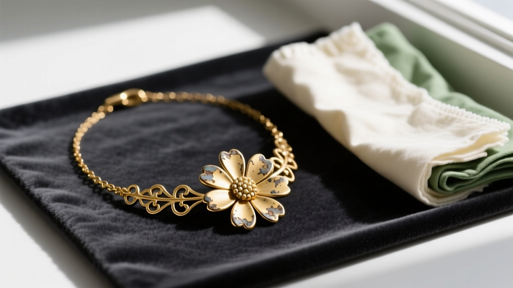 Close-up of a tarnished gold-plated Kate Spade daisy flower necklace resting on a dark velvet mat beside soft polishing cloths.