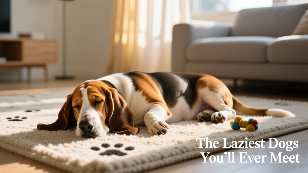 A Basset Hound resting peacefully on a sunlit rug, ears draped gently beside its head