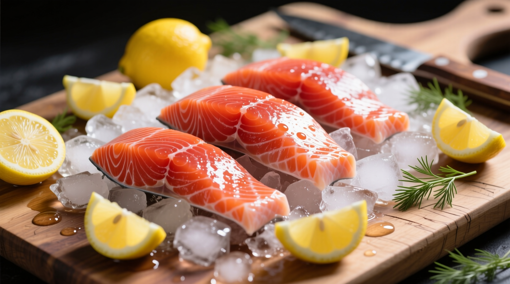 Fresh red snapper fillets on ice with lemon wedges