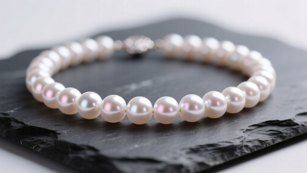 Macro shot of a white Akoya pearl necklace on dark slate showing sharp mirror luster and rose overtones in soft light.