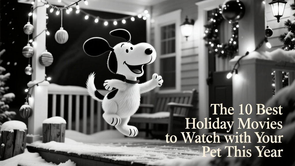 A black-and-white photo-style illustration of Snoopy dancing joyfully under twinkling holiday lights