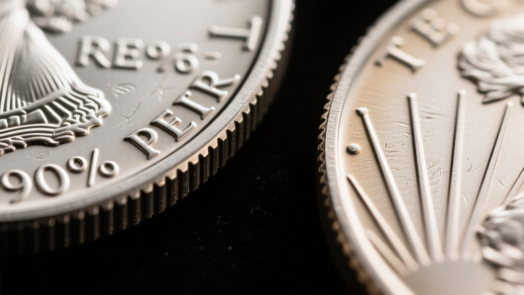 Macro photography comparing the stamped edge reeding of an authentic 90 percent silver Peace dollar next to a smooth cast replica.