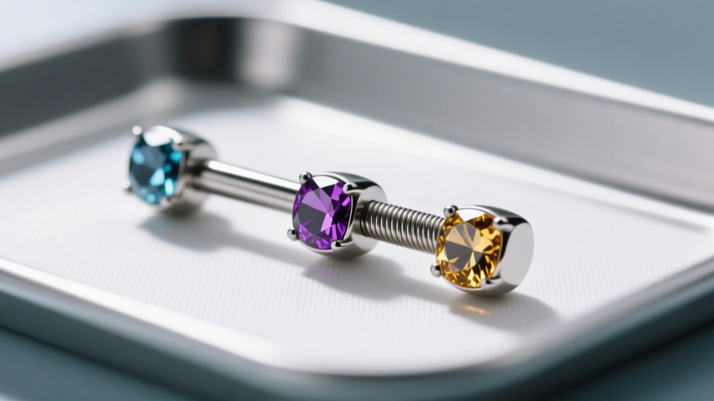 Macro photography of a 14-gauge implant-grade titanium surface barbell with 3mm rise and threaded gemstone ends on a sterile tray.
