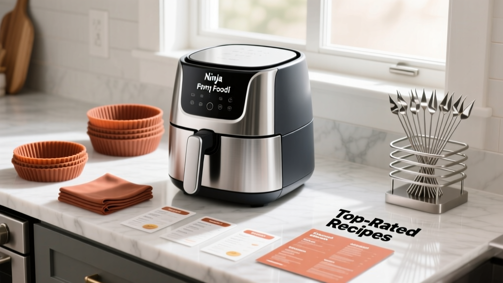 Ninja Foodi air fryer surrounded by silicone liners, magnetic cheat sheets, and steel skewer racks on a marble kitchen countertop.