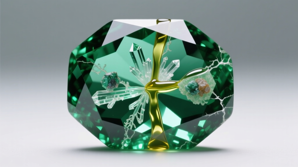 Illustration of an emerald cross-section showing internal jardin inclusions and cedar oil filling surface-reaching fissures clear