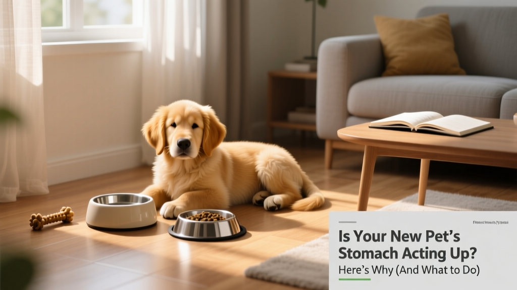 A golden retriever puppy resting peacefully beside a water bowl and food dish in a quiet corner of a sunlit living room