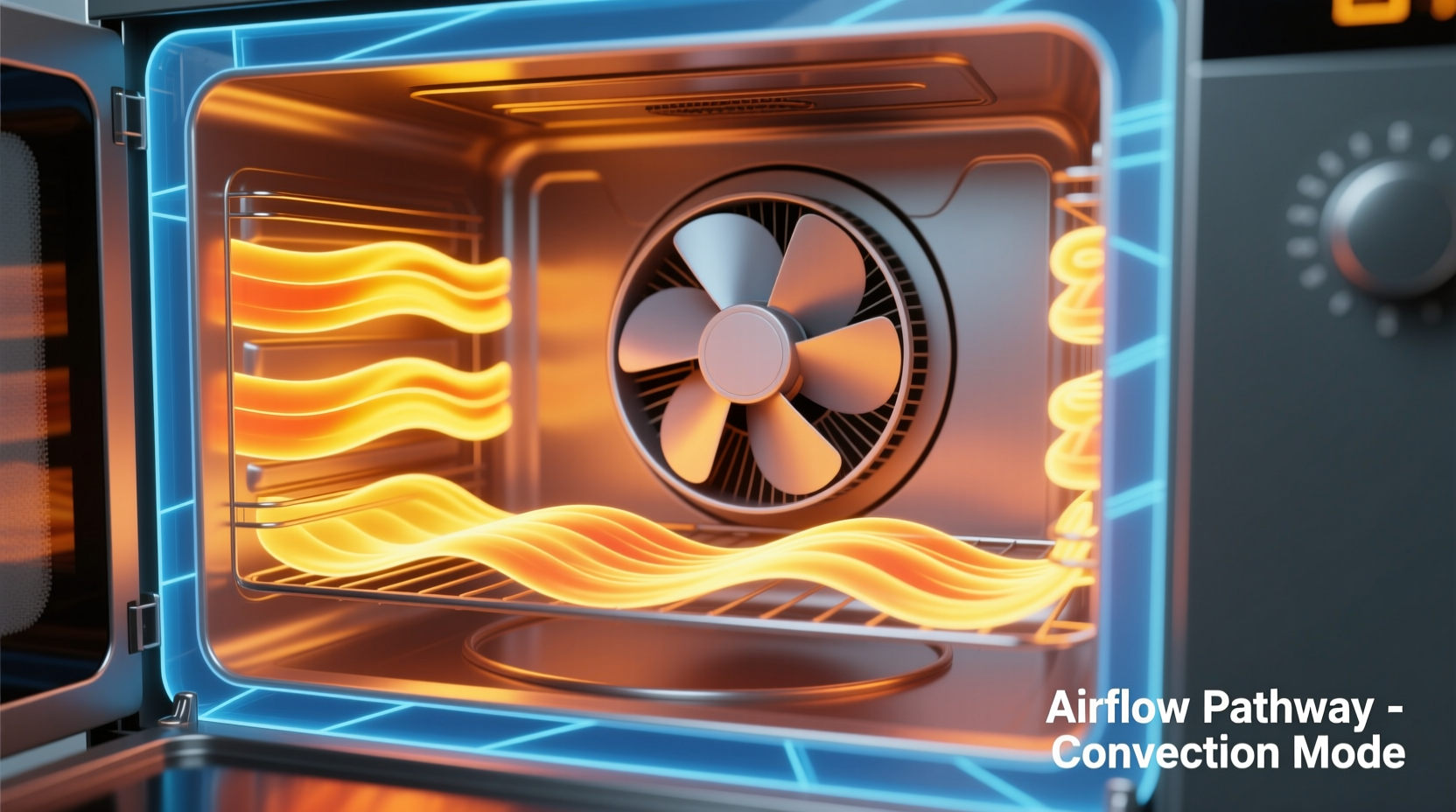 Convection oven showing fan circulation pattern