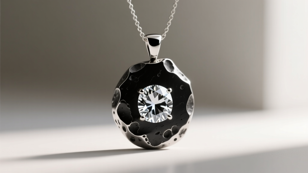 Wabi-Sabi pendant with a raw diamond set in matte black rhodium 18k white gold featuring organic hand-hammered metal textures