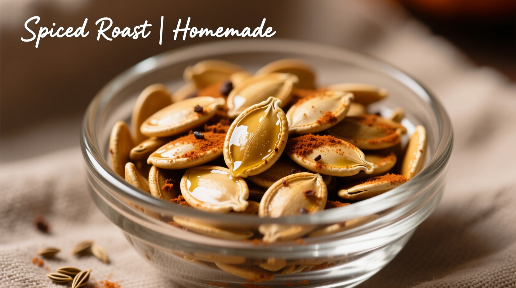 Roasted pumpkin seeds in a glass bowl with spices