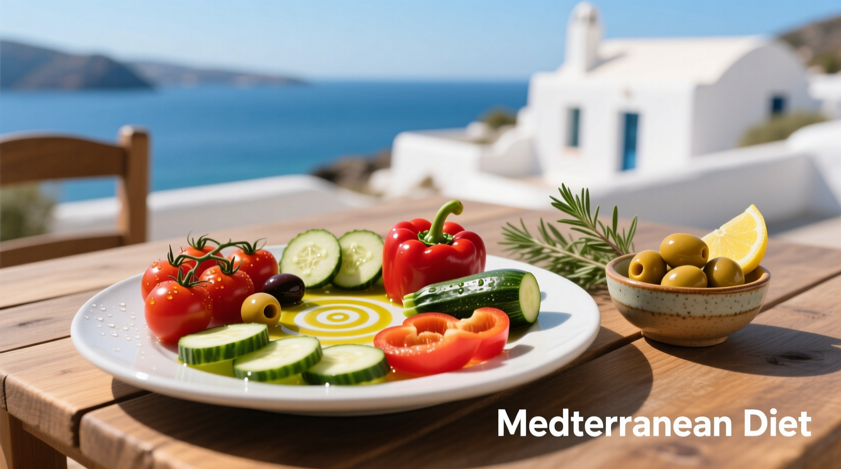 Mediterranean diet plate with fresh vegetables and olive oil
