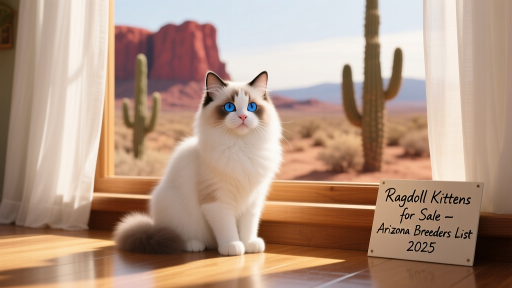 A serene Ragdoll kitten sitting on a sunlit windowsill, gazing softly at the camera