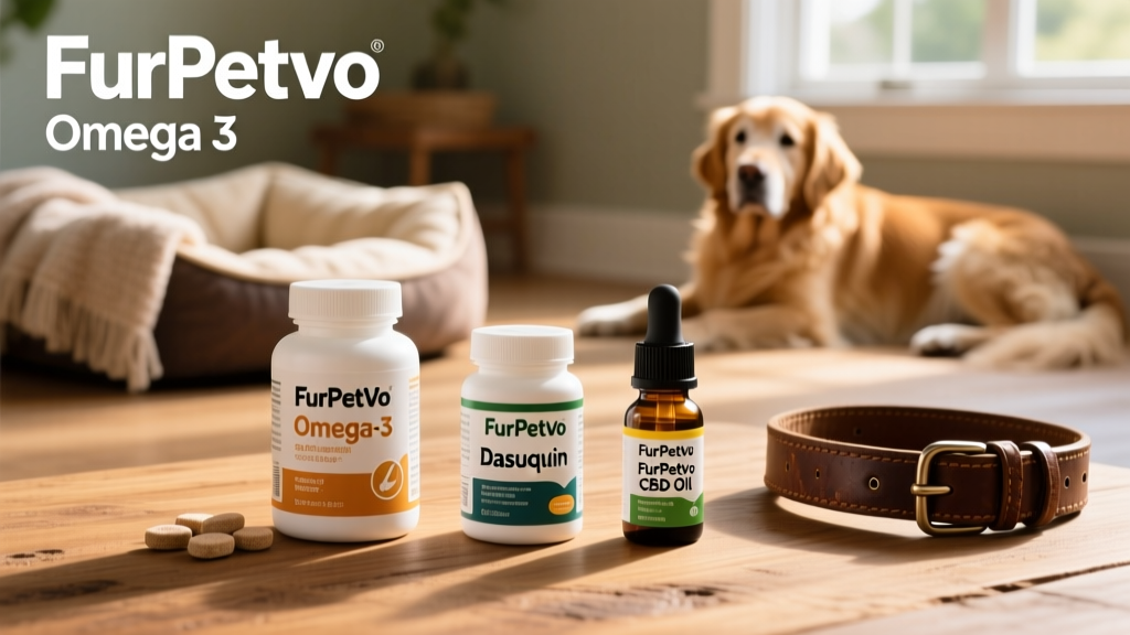 A clean, well-lit photo of three labeled supplements: FurPetVo Omega-3 softgels, FurPetVo Dasuquin tablets, and FurPetVo CBD oil dropper bottle on a wooden surface