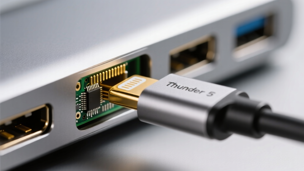 Macro shot of an active Thunderbolt 5 cable connector with gold pins being plugged into the rear port of an aluminum multi-port USB-C hub