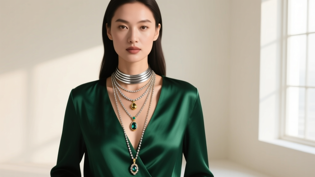 Woman wearing a 15-inch choker, 18-inch pendant, and 22-inch lariat necklace layered perfectly over a deep V-neck silk blouse.