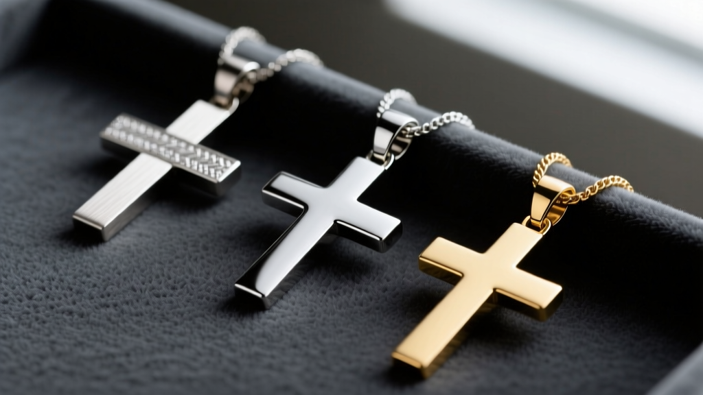 Macro shot of three mens cross pendants: brushed steel, polished silver, and 14k white gold resting on dark grey velvet