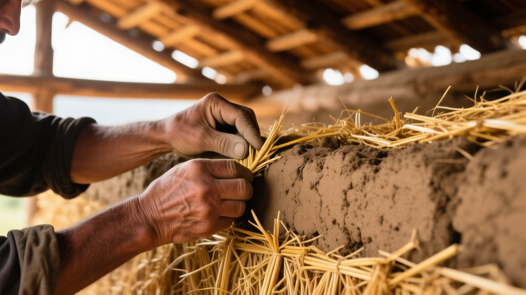 Hands shaping a thick textured cob wall mixed with golden straw, against a natural timber-framed roof structure in bright daylight