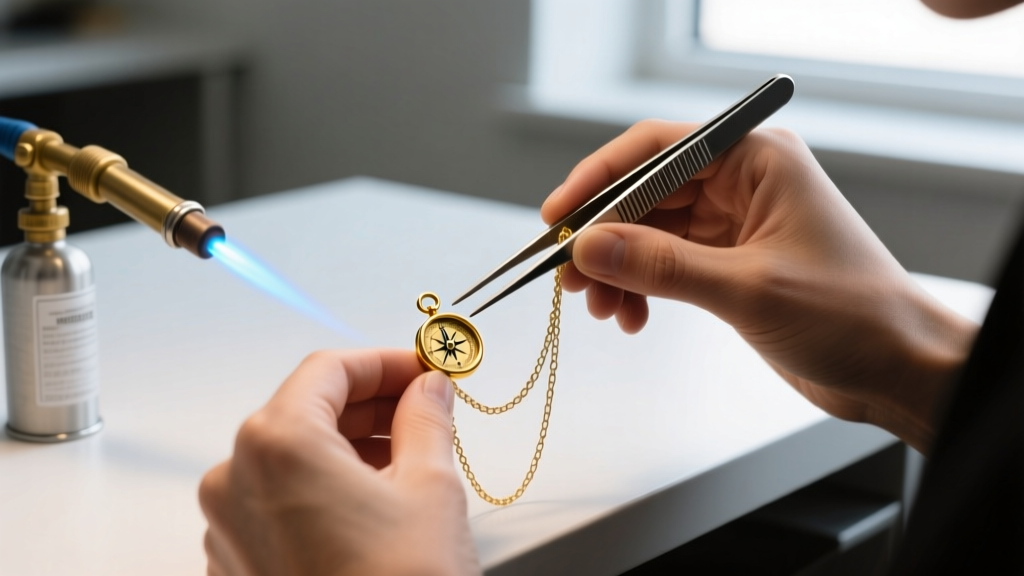 Jeweler using tweezers to align a small gold compass charm onto a delicate cable chain, with the argon gas nozzle visible nearby