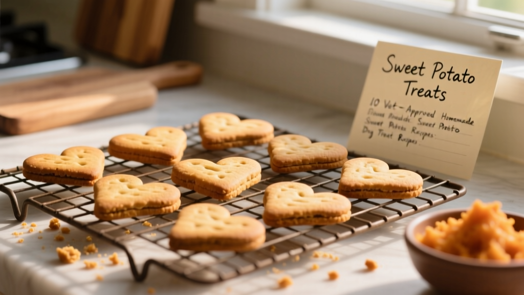 Golden-brown, heart-shaped dog biscuits cooling on a wire rack