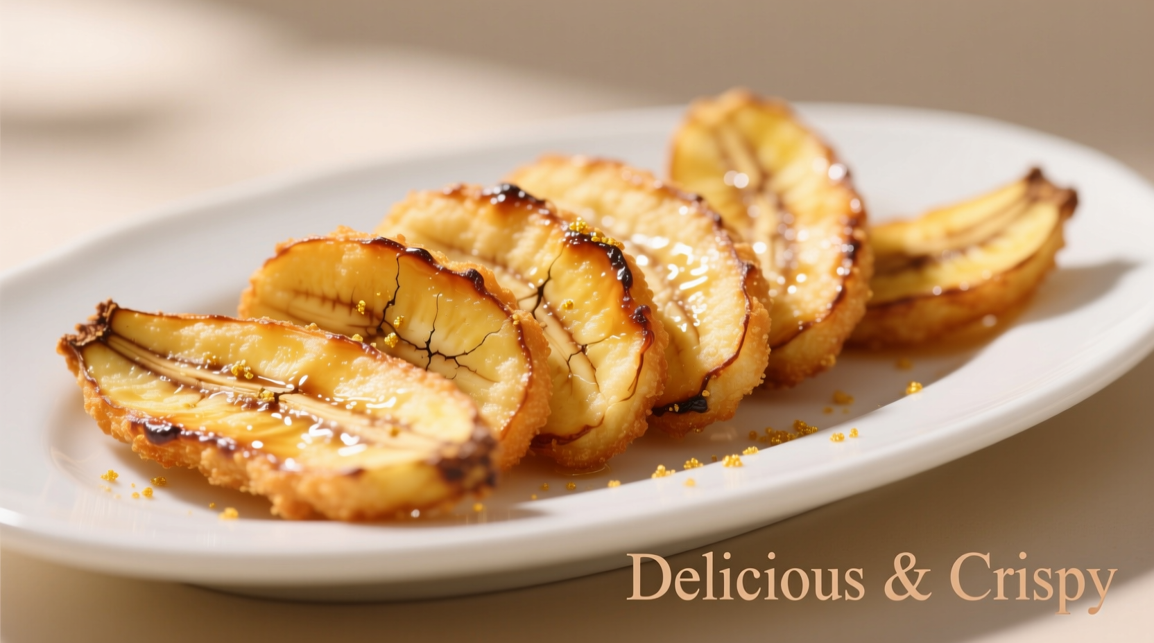 Perfectly fried golden plantain slices on white plate