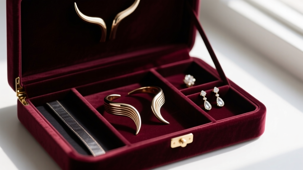 Velvet jewelry box with compartments holding longhorn ear cuffs and dangles, featuring dark anti-tarnish strips inside.