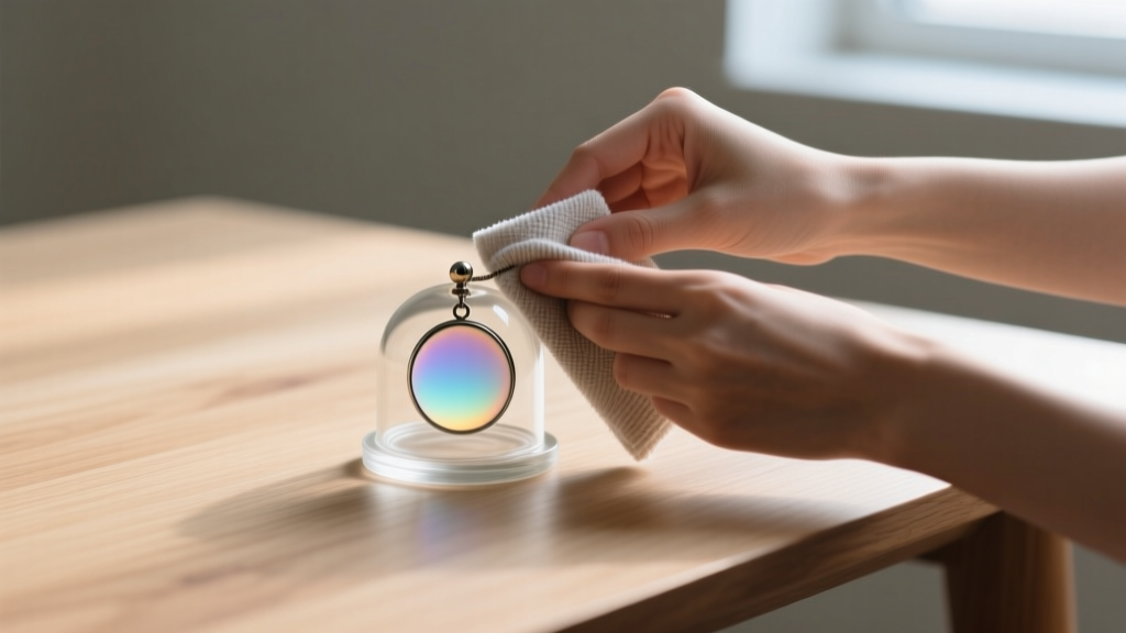 Hands gently wiping a glass-domed thermochromic mood pendant with a dry microfiber cloth on a clean wooden desk, avoiding water.