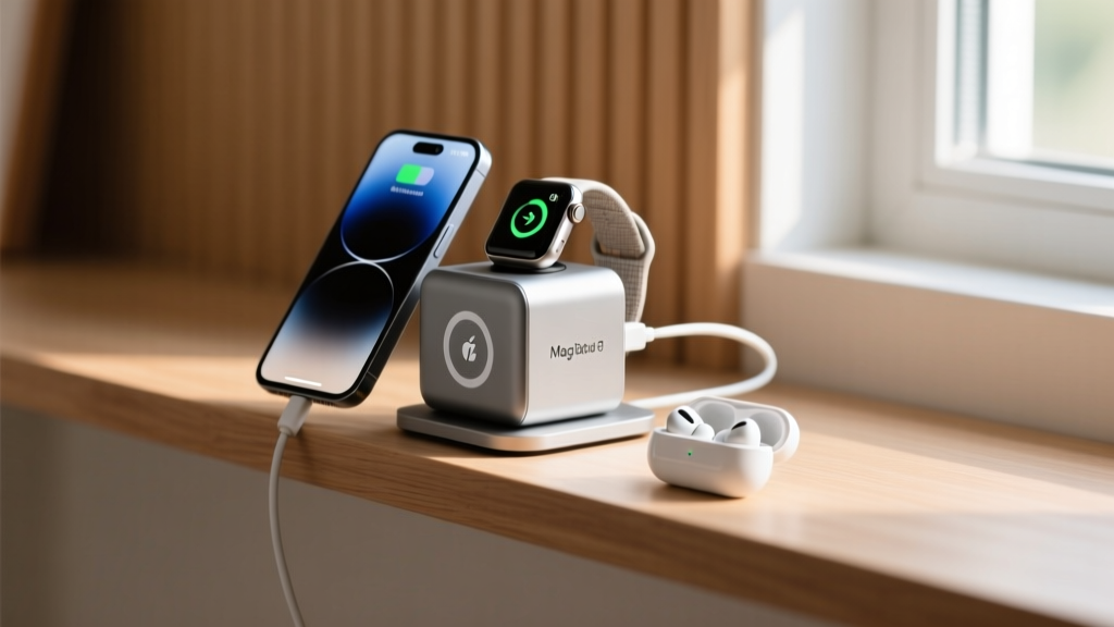 Close-up of a 3-in-1 MagSafe charging cube on a narrow shelf, charging a smartphone, smartwatch, and earbuds simultaneously.