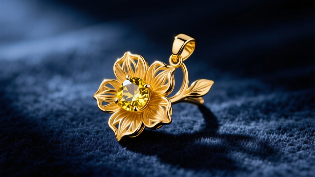 Carved yellow sapphire flower pendant in 18k gold, showing detailed petal veining and a hidden bail, photographed on navy velvet.