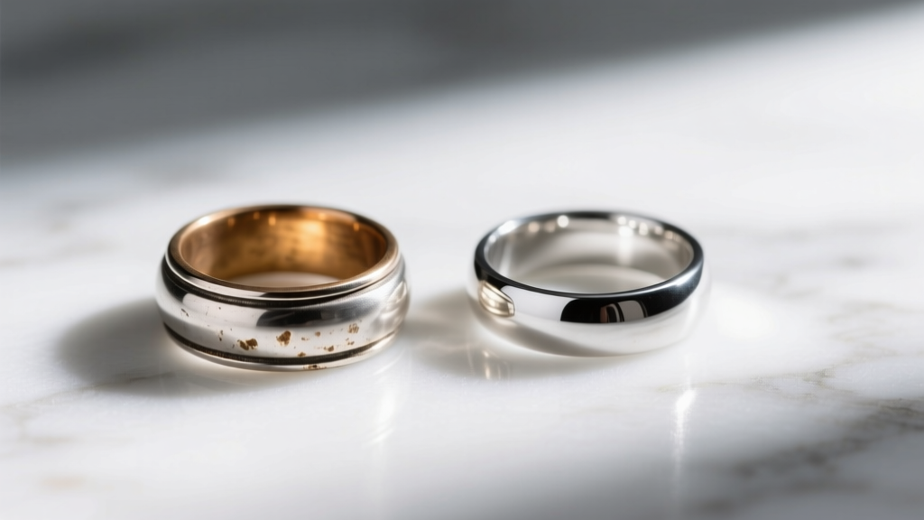 Worn silver-plated ring with brass undertones beside a freshly electroplated bright silver ring on a clean white marble surface.