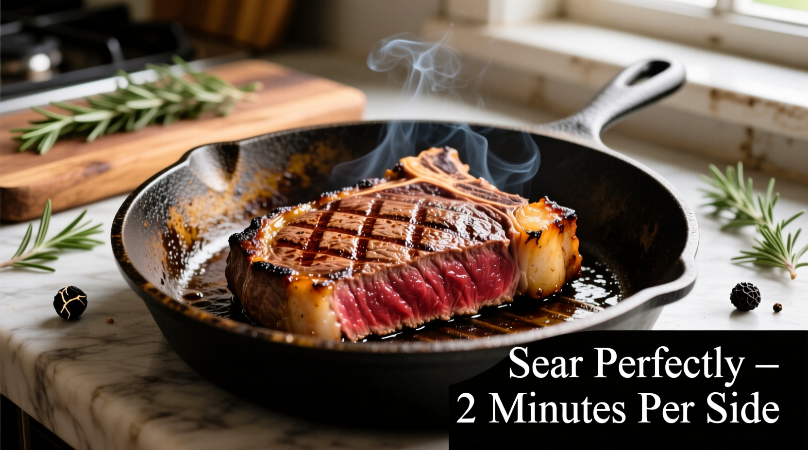 Perfectly seared NY strip steak on cast iron skillet