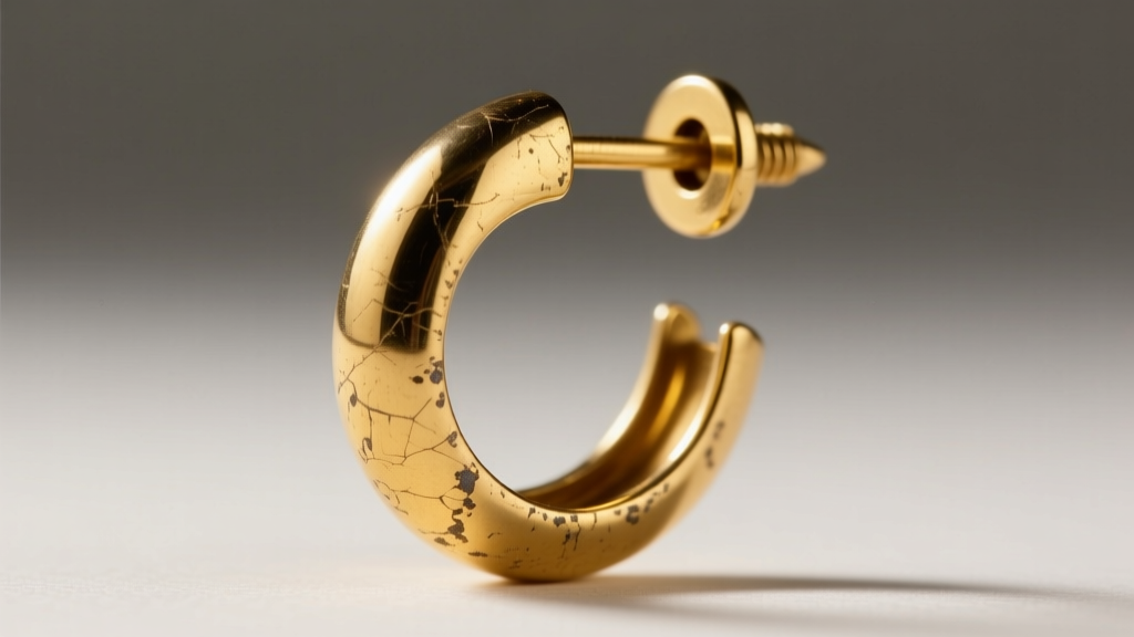 Macro photography of a bent 22-gauge yellow gold screw-back earring post from the 1940s, illuminated by soft directional light