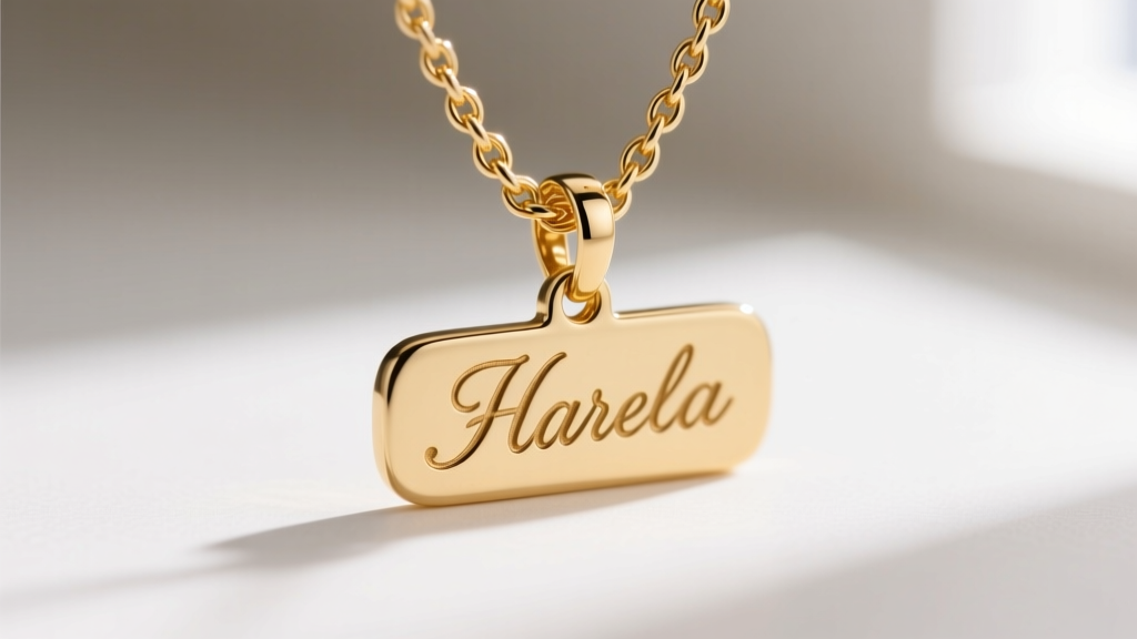 Macro shot of a 14k gold cable chain connecting to a cursive nameplate pendant, highlighting the soldered jump ring and texture.