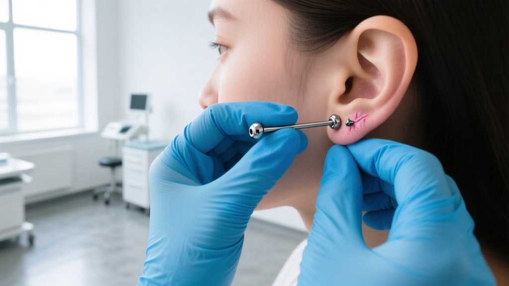Hands in blue nitrile gloves removing a 14g titanium threadless labret from a healed earlobe piercing in a bright clinical room