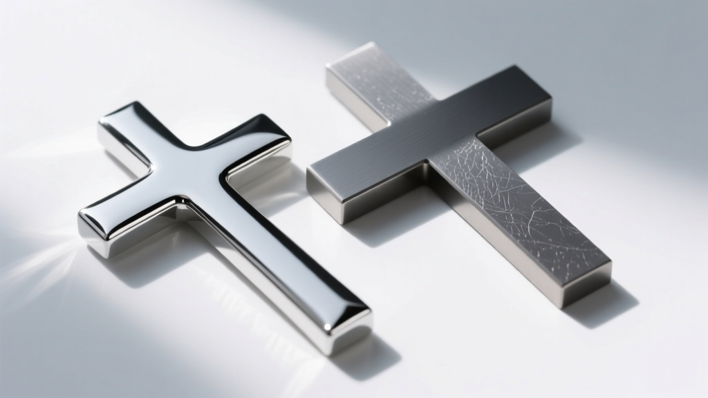 Polished silver cross beside matte titanium cross showing surface reflectivity and edge detailing under bright natural daylight