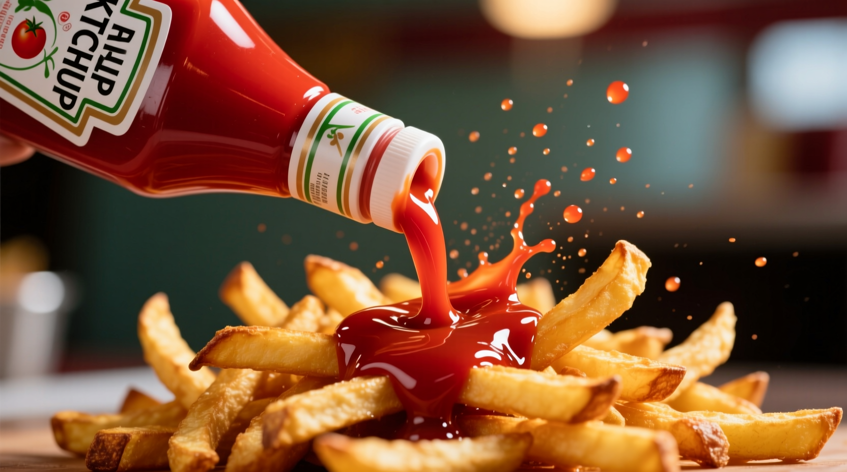 Close-up of tomato ketchup bottle pouring onto fries