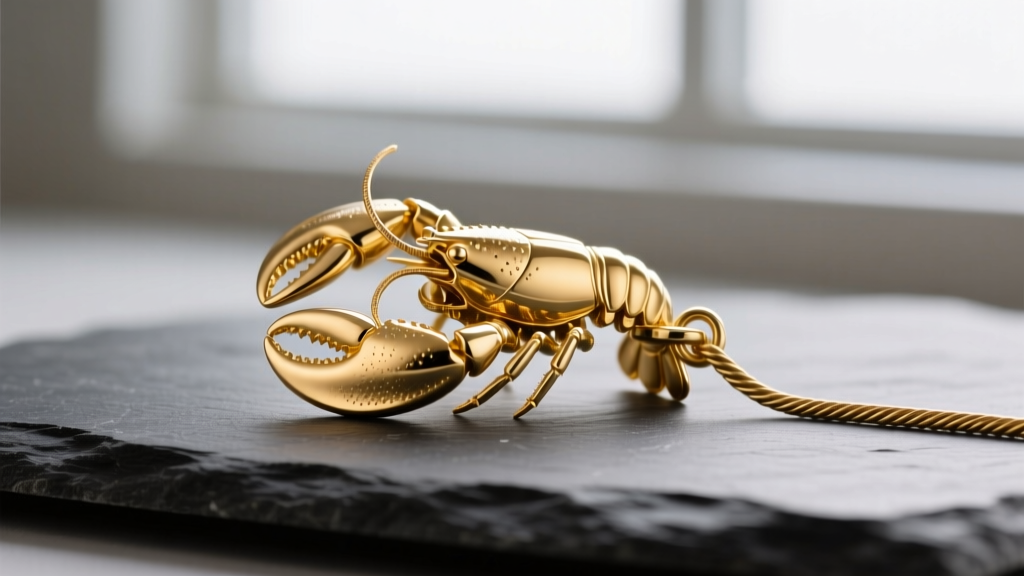 Macro shot of a polished 14k yellow gold lobster claw clasp attached to a delicate cable chain resting on a dark slate surface.