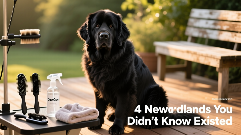 A well-groomed black Newfoundland sitting beside a grooming kit with brushes and a detangling spray, demonstrating coat care