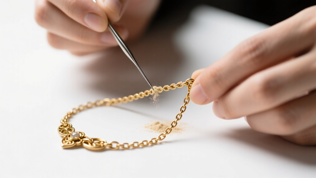 Jeweler using a fine needle and powder to untangle a knot in a delicate 22 gauge vintage gold lavaliere chain on a white surface.